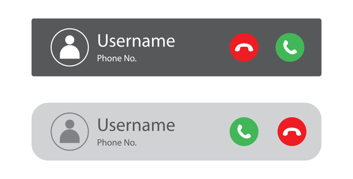Phone Call Pop Up Notification Icon Set, Incoming Call Alert UI Template with Answer and Reject Buttons Vector for Mobile App and UX Design.