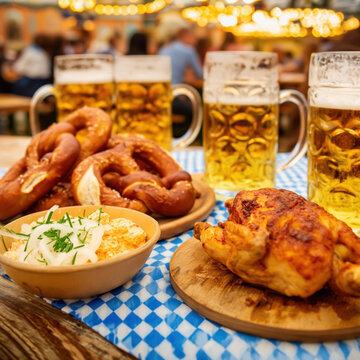 Oktoberfest Beer with Pretzels and Traditional Bavarian Food. AI generative.