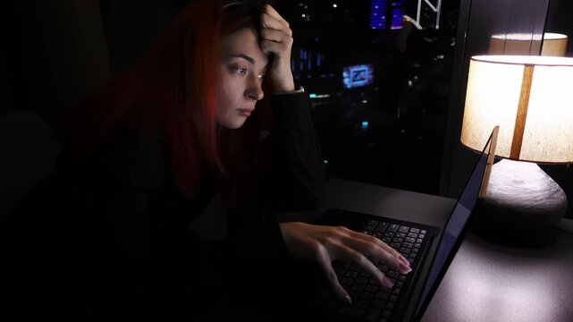 Caucasian woman works from home thoughtfully gazes at computer screen. Reflective remote manager types on laptop looking tired and exhausted because of deadlines and burnout. Female freelancer theme