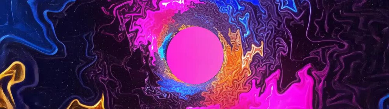 Pink circle at the center of a winding passage, surrounded by wavy patterns in electric pink, blue, and purple tones, creating a dimensional vision.