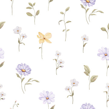 Watercolor seamless pattern with lilac, yellow flowers and delicate green plants. Floral isolated illustration for your perfect home textile, floral wallpapers or wrapping summer paper.