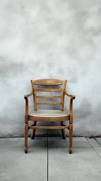 A rustic wooden chair stands against a textured white wall outdoors