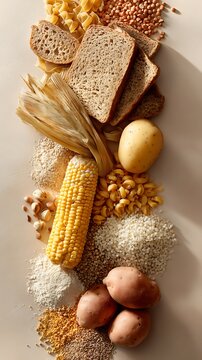 Diverse healthy carbohydrates including grains, pasta, bread, corn and potatoes