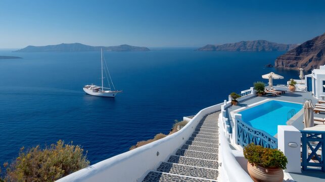 Santorini caldera seascape with luxury villa and yacht