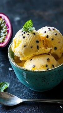 Refreshing passion fruit ice cream scoops in a beautiful teal bowl