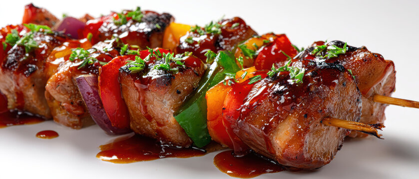 Grilled Meat and Vegetable Skewers with Barbecue Sauce. AI generative.