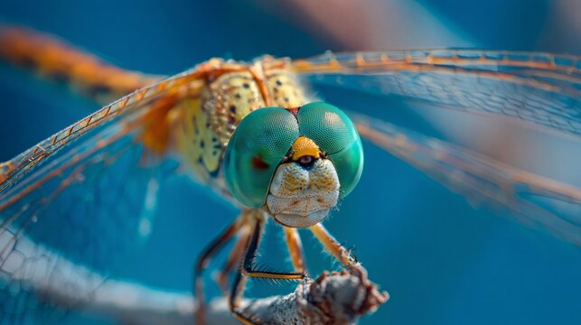 Dragonfly resting on branch extreme close up