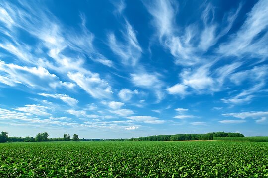 Wide green field under a vibrant blue sky with wispy clouds