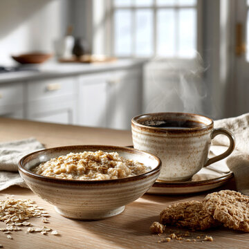 Cozy Oatmeal Breakfast with Coffee &ndash; AI Generative