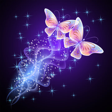 Butterflies in starry sky with magical wings, fireworks and sparkle stars. Fantasy vertical walpaper background with fireflies and mystical smoke.