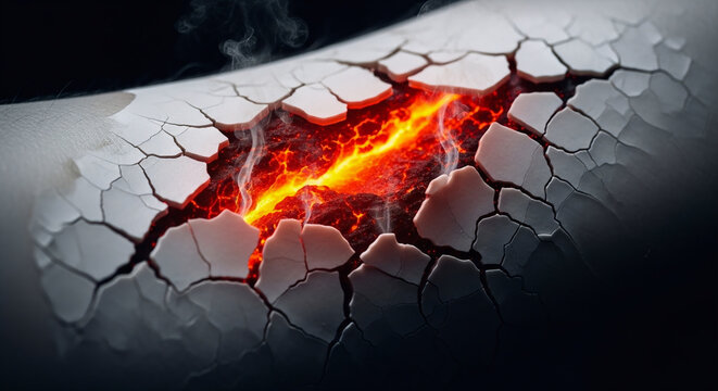 Glowing Lava and Fire Bursting Through a Cracked White Surface with Smoke &mdash; Danger, Hidden Power and Volcanic Energy Concept