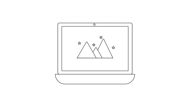 Minimalist line art of a laptop displaying a mountain landscape graphic.