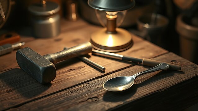 silversmithing. Silversmithing tools on a wooden workbench with an unfinished spoon. safety posters, maintenance manuals, designed for industrial assembly lines and welding operations.