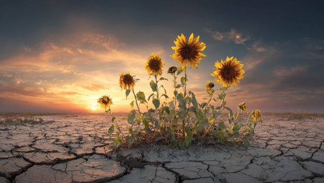 Sunflowers bravely bloom in parched earth under a vibrant, cloud-streaked sunset sky