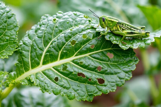 Green grasshopper eating plant leaves causing garden damage