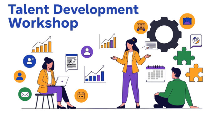 Business people attending a talent development workshop with data charts and gears