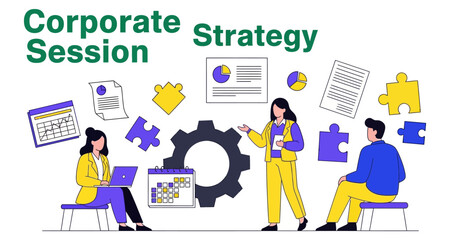 Fototapeta premium Business people in corporate strategy session with puzzle pieces and gears