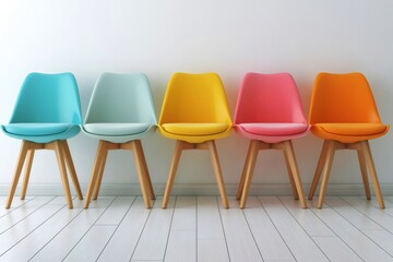 Obraz premium Colorful modern dining chairs lined against white wall
