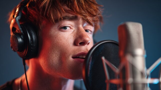 Young Caucasian man singing into a microphone, recording in a studio.
