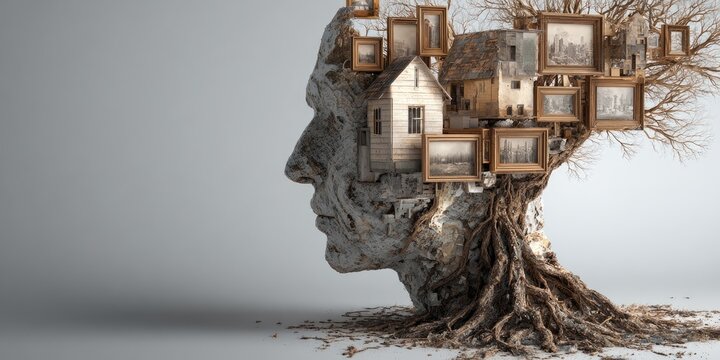 Conceptual surreal head-shaped tree with framed memories and houses