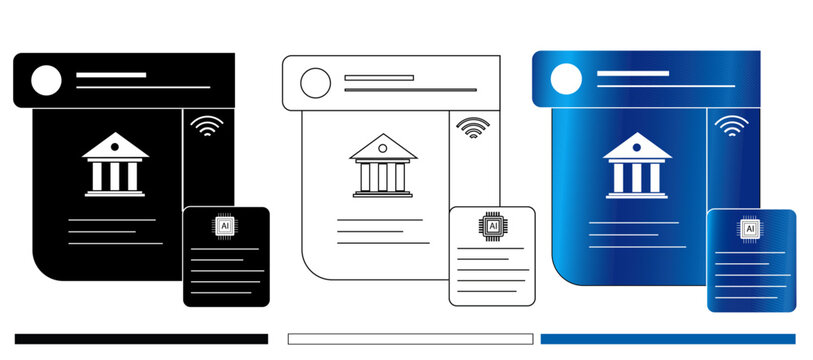 Digital Banking Document and AI Smart Contract Icon Set: Online Financial Report with Bank Building and AI Microchip in 3 Styles