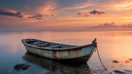Fototapeta premium Old fishing boat resting on calm ocean water at sunset