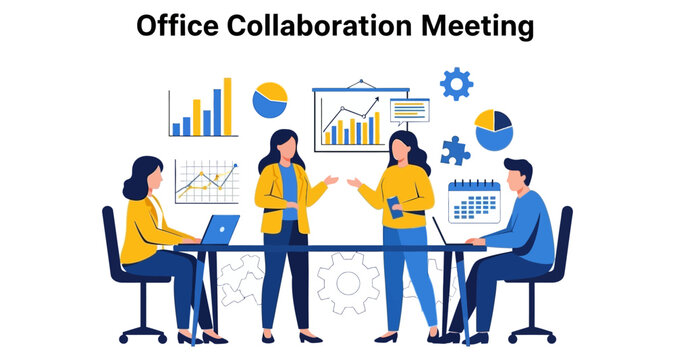 Business team collaborating in office meeting with charts and graphs presentation