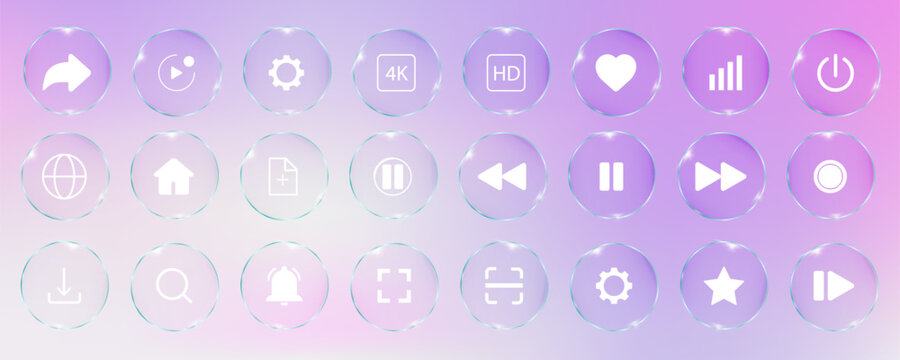  Transparent glass button with glowing neon effect. Modern UI icon featuring frosted bubble texture, blue light accents, and sleek 3D frame for futuristic tech interfaces and web apps.