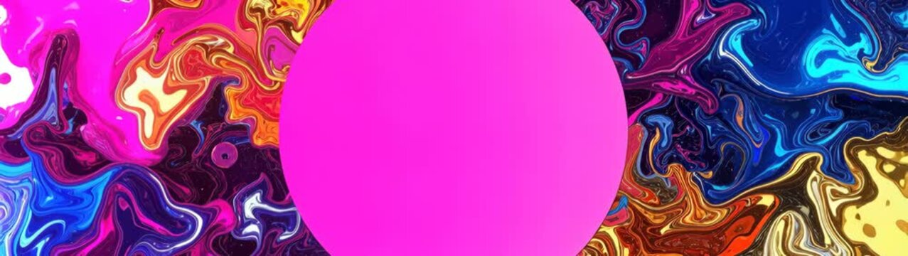 Vivid swirling patterns forming a modern surface behind a bold magenta circle, presenting a contemporary style.