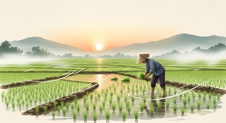 Fototapeta premium A rural farmer planting rice seedlings in a lush green paddy field during sunrise, with misty mountains in the background. Represents agriculture, sustainability, and traditional farming lifestyle.