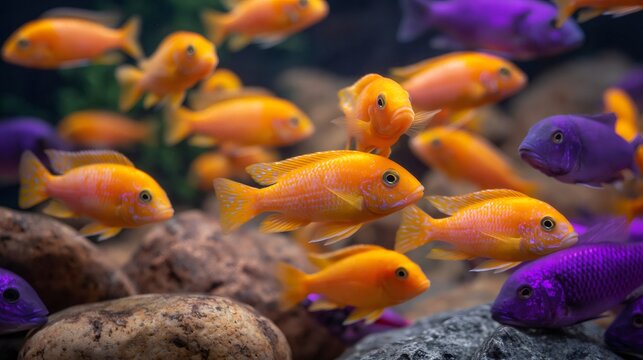 Colorful cichlid fish swimming in freshwater aquarium