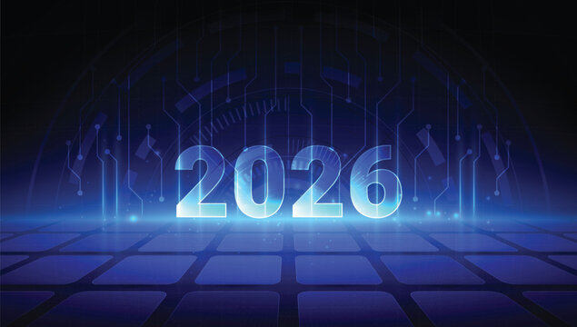 Illuminated 2026: A futuristic digital depiction showcases the year 2026, rendered in luminescent blue amidst a network of intricate technological circuits.