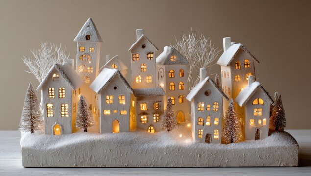 Miniature illuminated village display with frosted houses and trees