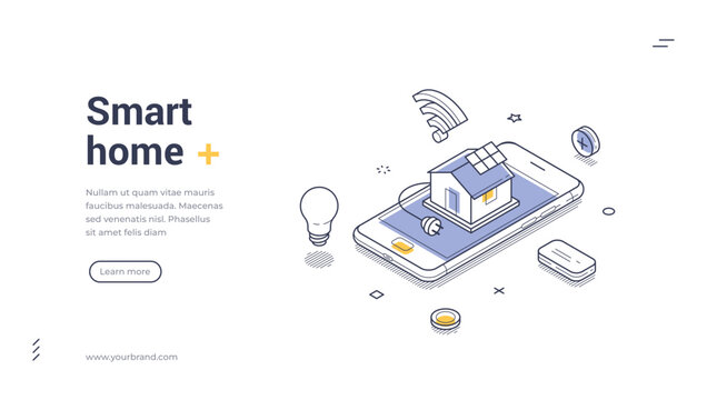 Isometric web banner for smart home automation and internet of things. Remote house control via mobile app vector illustration. Modern template for landing page, website, or business presentation