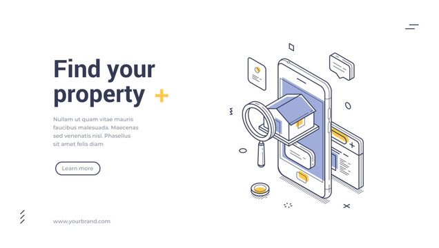 Find your property isometric web banner. Real estate online search service via mobile app. Modern landing page template vector illustration for agency or realtor website promotion