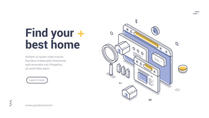 Plakat Find best home isometric web banner. Real estate online search and property rental service. Modern landing page template vector illustration for mortgage and investment app