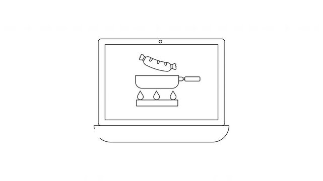 Online Cooking Class Concept with Sausage and Pan on Laptop Screen.