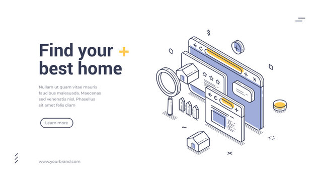Find best home isometric web banner. Real estate online search and property rental service. Modern landing page template vector illustration for mortgage and investment app