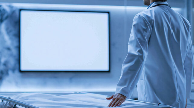Focused male doctor wearing white coat standing inside modern medical hospital room looking at large blank screen display monitor