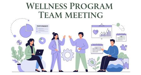 Fototapeta premium Diverse professionals collaborating during a wellness program team meeting with charts and calendars