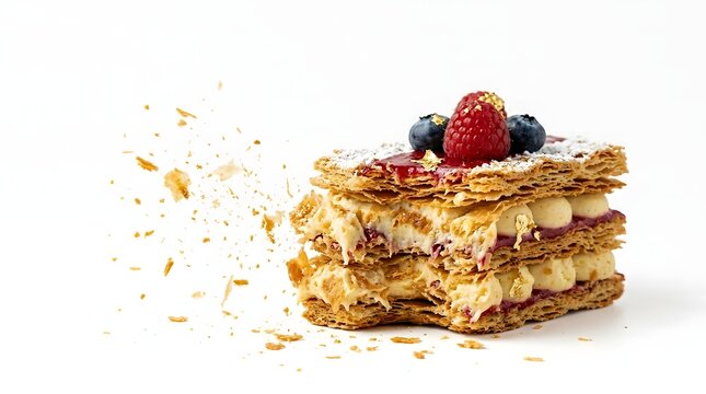Elegant layered pastry dessert with cream filling topped with raspberries and dusted sugar with crumbling effect.