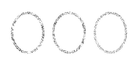 Obraz premium Oval doodle frames ink textured stamp with cracks scratches, hand-drawn chaotic messy blobs and spatters monograms. Edgings and cadres noise effect design photo elements. Isolated. Vector