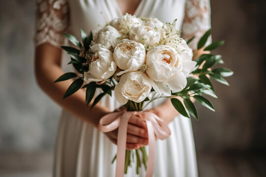 Elegant Bridal Bouquet of Soft Pink Peonies with Ribbon. AI generative.