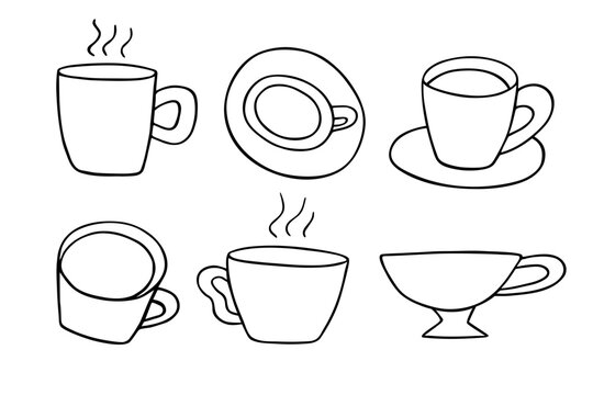 Coffee doodle mug, steaming dolce vita hot drink mug nice mood beverage. Simple hand drawn morning routine design, cafe minimalist decoration sketch icon, caffeine symbol. Isolated. Vector