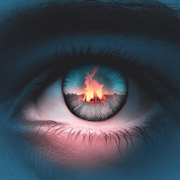 Extreme close up of human eye with fiery reflection in iris, surreal cinematic concept of inner emotion, intensity and burning passion, dramatic lighting and detailed texture in passionate intense moo