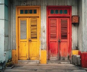 Fototapeta premium Two brightly colored wooden doors, one yellow, one red, weathered and old