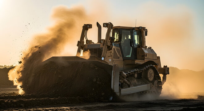 A powerful bulldozer diligently working on a large construction project, moving vast amounts of earth and creating a dramatic dust cloud, symbolizing heavy industry and relentless development efforts