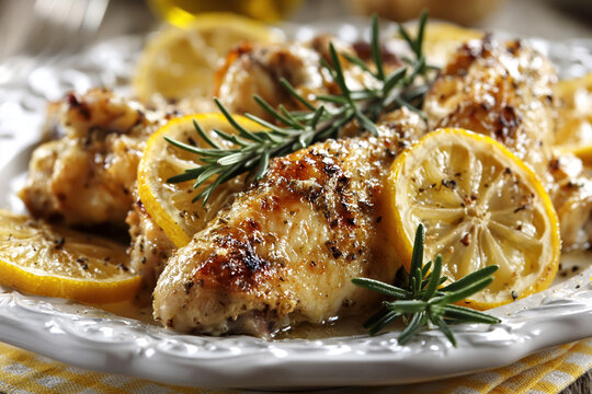 Roasted Chicken with Lemon and Rosemary on Rustic Plate. AI generative.