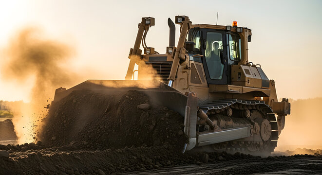 A powerful bulldozer skillfully pushes earth on a dusty construction site. The heavy machinery symbolizes essential groundwork and industrial development