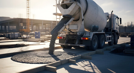 Fototapeta premium Construction site with a cement mixer pouring concrete onto the foundation of a new building